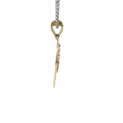14KT Gold Charm Large Two Tone "Te Amo" Broken Heart with Left Jesus Crucifix and Right Virgin Mary with Diamond Cut Border and Double Plain Bell