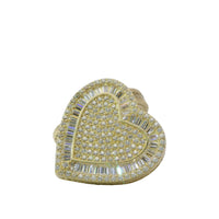 14KT Gold Earrings Large Heart White Round CZ Stones Cluster Center and Edge, Baguette CZ Stones Border, Push Back Post, and Butterfly Backs