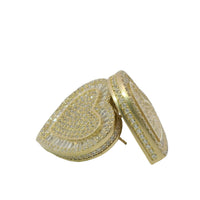 14KT Gold Earrings Large Heart White Round CZ Stones Cluster Center and Edge, Baguette CZ Stones Border, Push Back Post, and Butterfly Backs