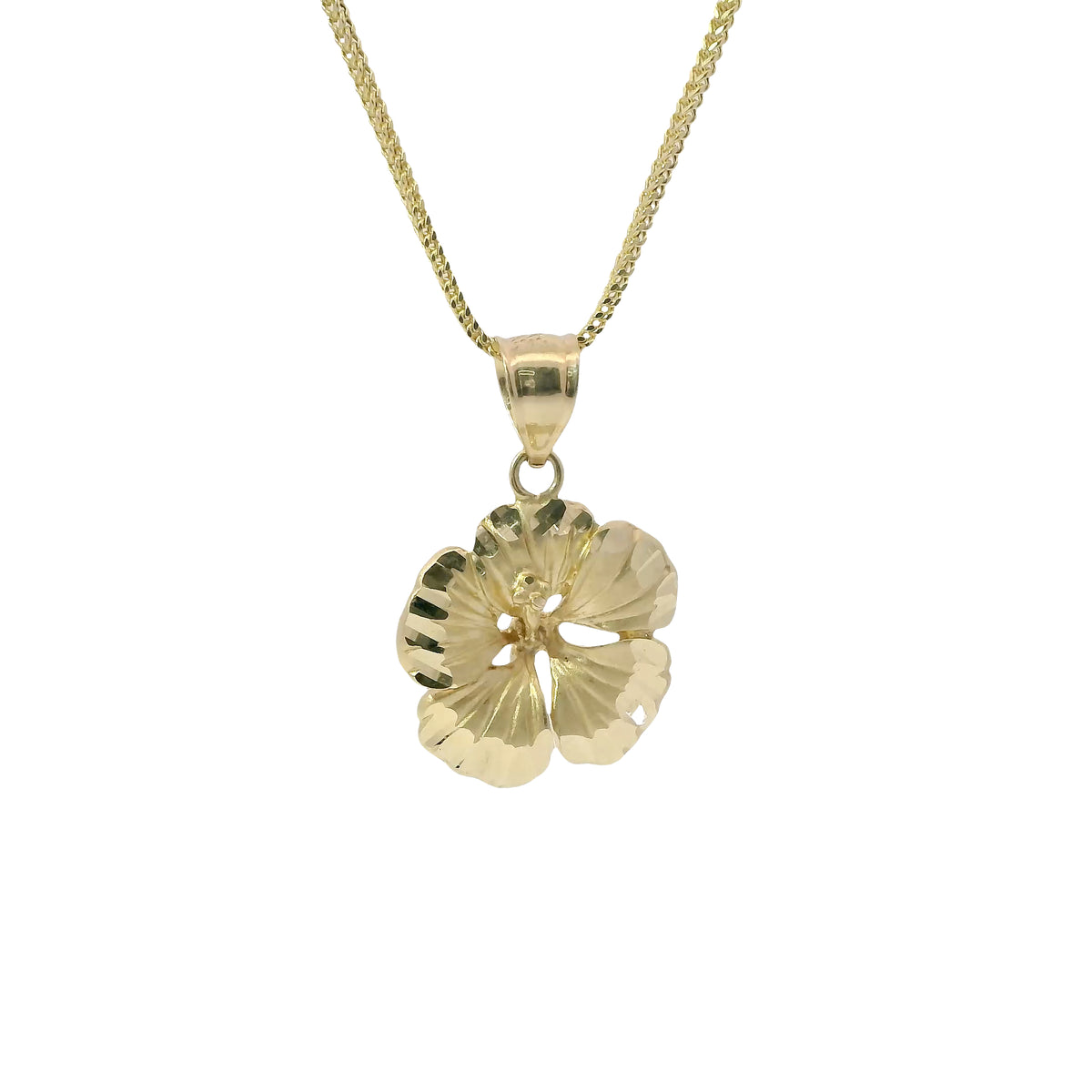 14KT Gold Charm Large Hibiscus Flower with Diamond Cut Edges and Plain Bell