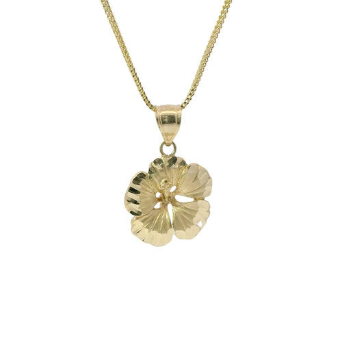 14KT Gold Charm Large Hibiscus Flower with Diamond Cut Edges and Plain Bell