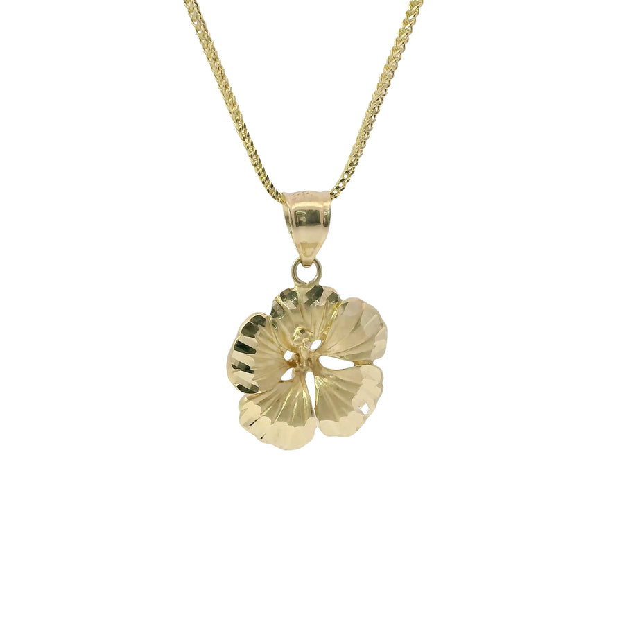 14KT Gold Charm Large Hibiscus Flower with Diamond Cut Edges and Plain Bell