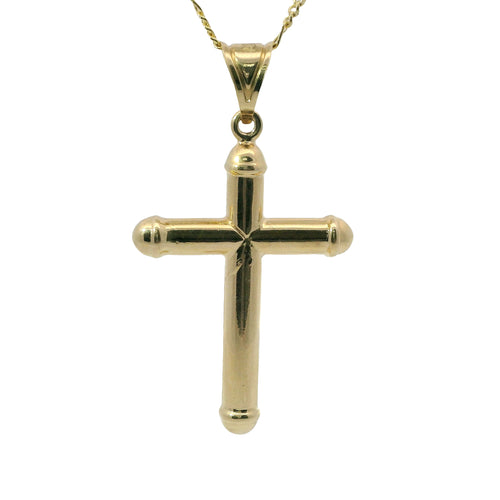 14KT Gold Charm Large Hollow Tube Plain Cross with Rounded Capped Ends and Plain Bell