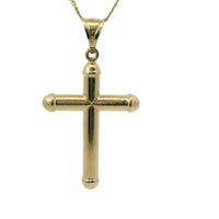 14KT Gold Charm Large Hollow Tube Plain Cross with Rounded Capped Ends and Plain Bell