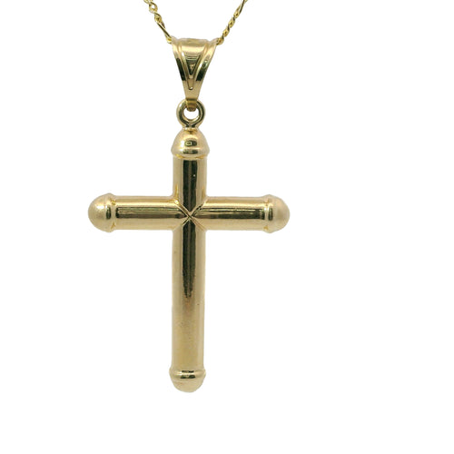 14KT Gold Charm Large Hollow Tube Plain Cross with Rounded Capped Ends and Plain Bell