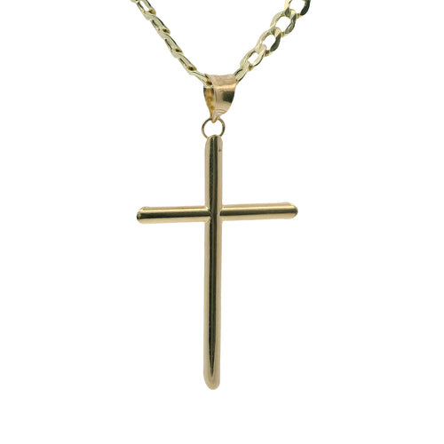 14KT Gold Charm Large Plain Hollow Tube Slant Ends Cross with Plain Bell