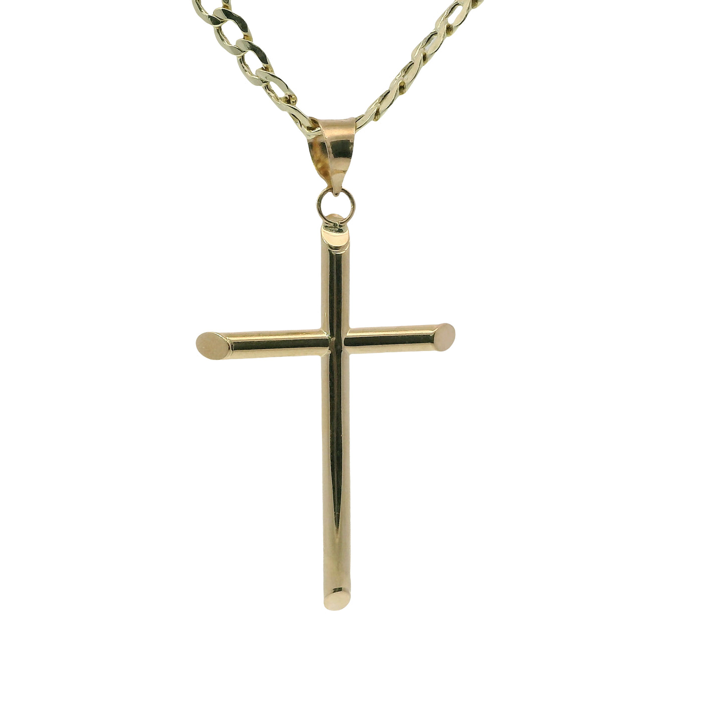 14KT Gold Charm Large Plain Hollow Tube Slant Ends Cross with Plain Bell