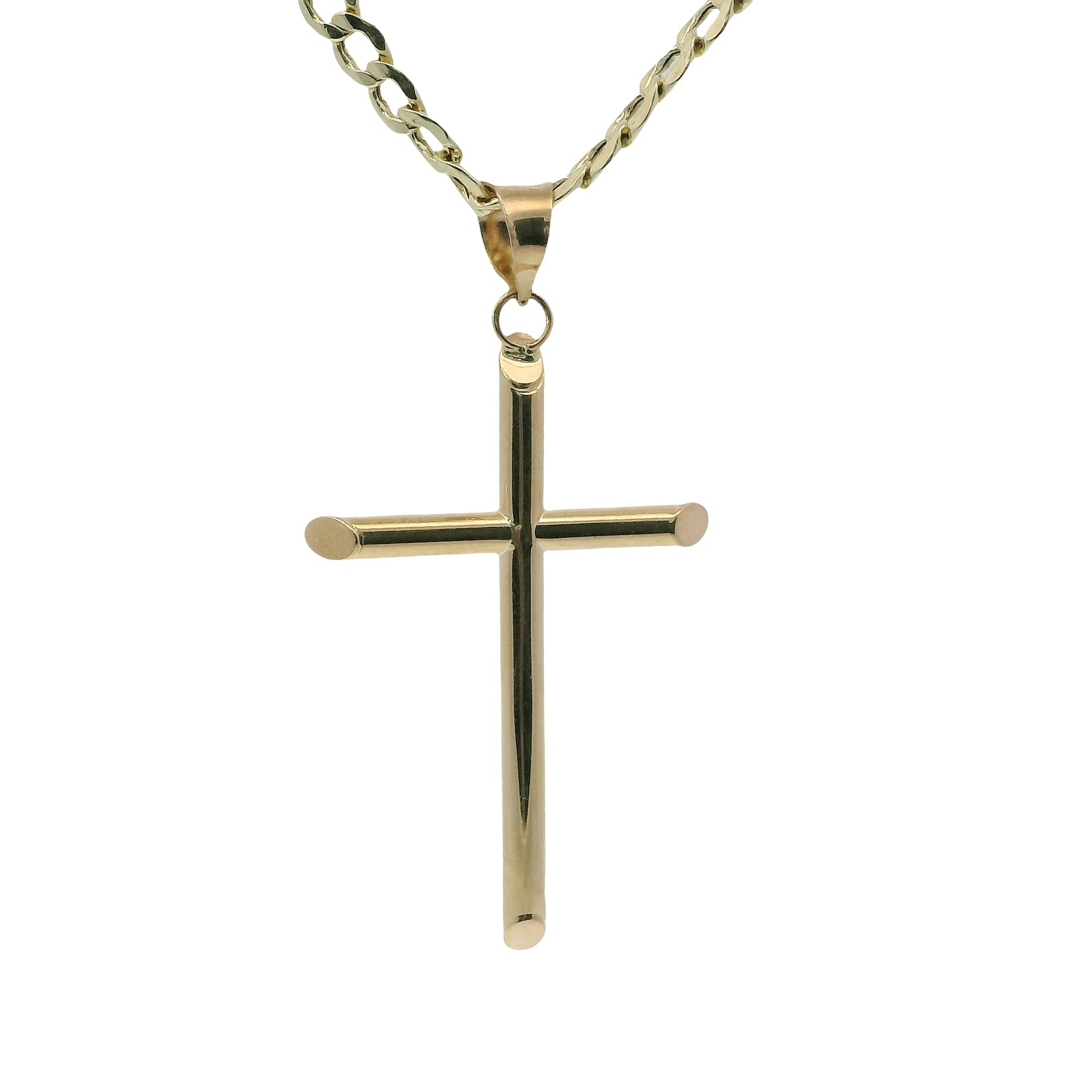 14KT Gold Charm Large Plain Hollow Tube Slant Ends Cross with Plain Bell