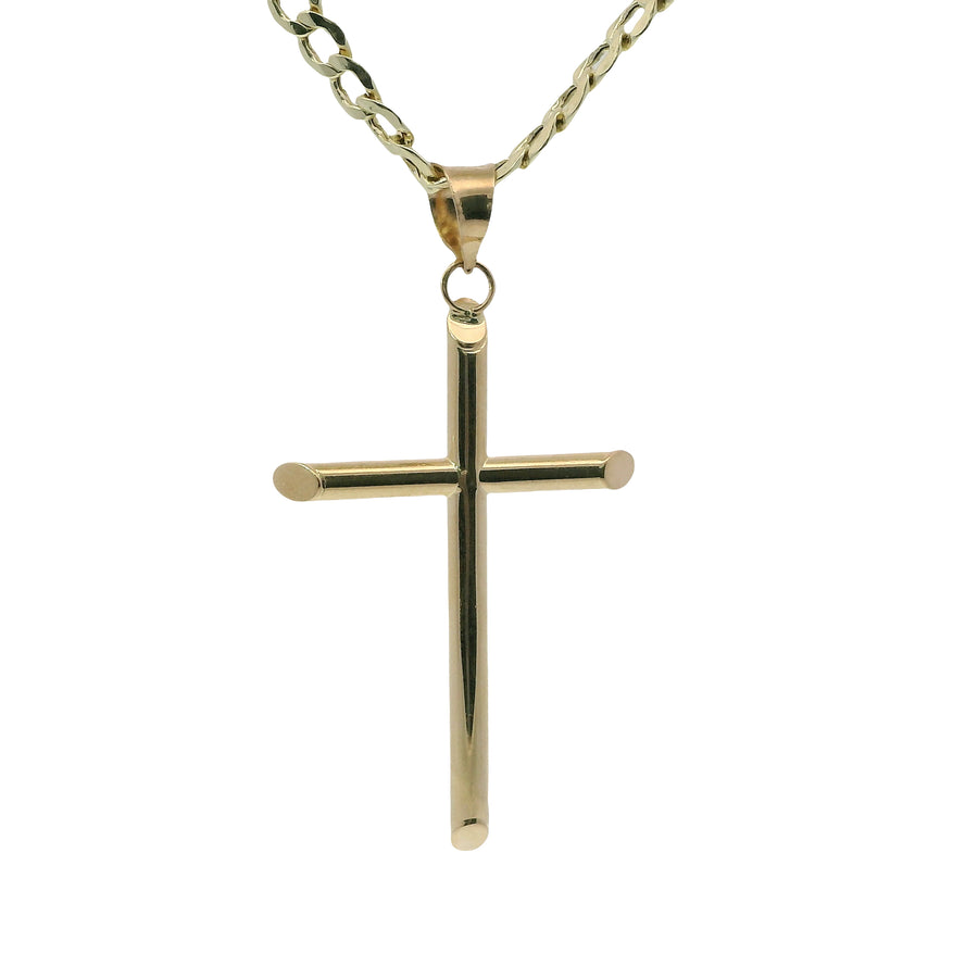 14KT Gold Charm Large Plain Hollow Tube Slant Ends Cross with Plain Bell
