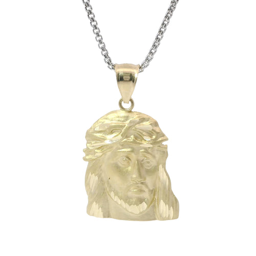 14KT Gold Charm Large Right Facing Jesus Head with Thorn Crown and Plain Bell