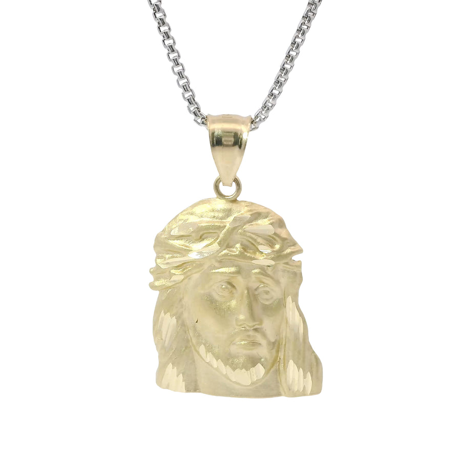 14KT Gold Charm Large Right Facing Jesus Head with Thorn Crown and Plain Bell