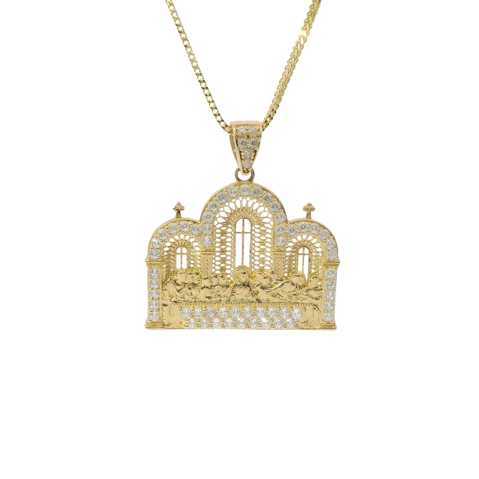 14KT Gold Charm Large Last Supper Archway Background with White CZ Stones Border and Bell