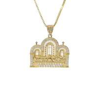 14KT Gold Charm Large Last Supper Archway Background with White CZ Stones Border and Bell