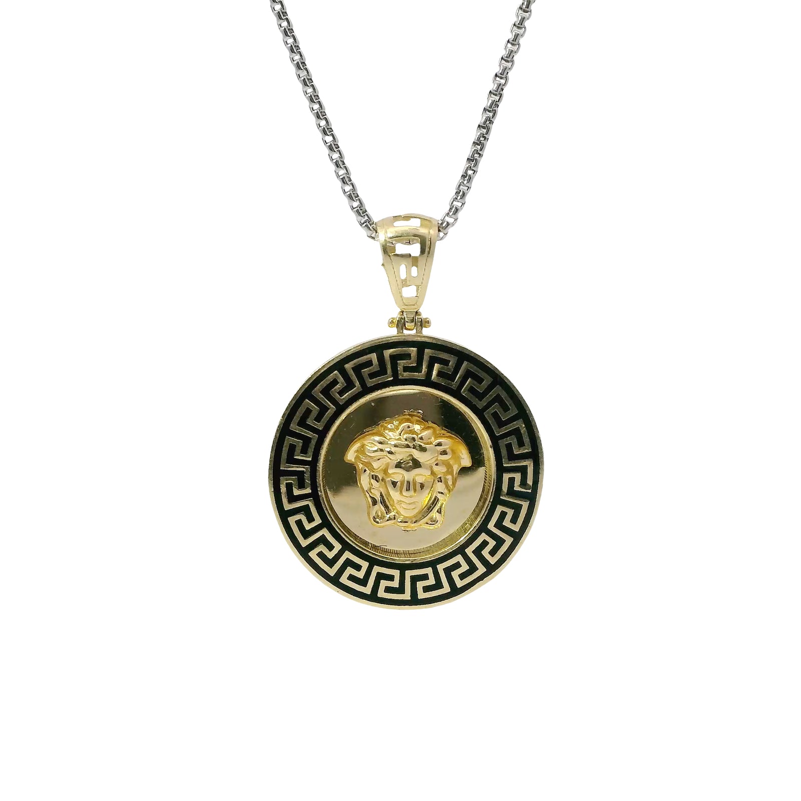 14KT Gold Charm Large Round Medusa Coin with Black Enamel Greek Border and Bell
