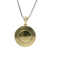 14KT Gold Charm Large Round Medusa Coin with Black Enamel Greek Border and Bell