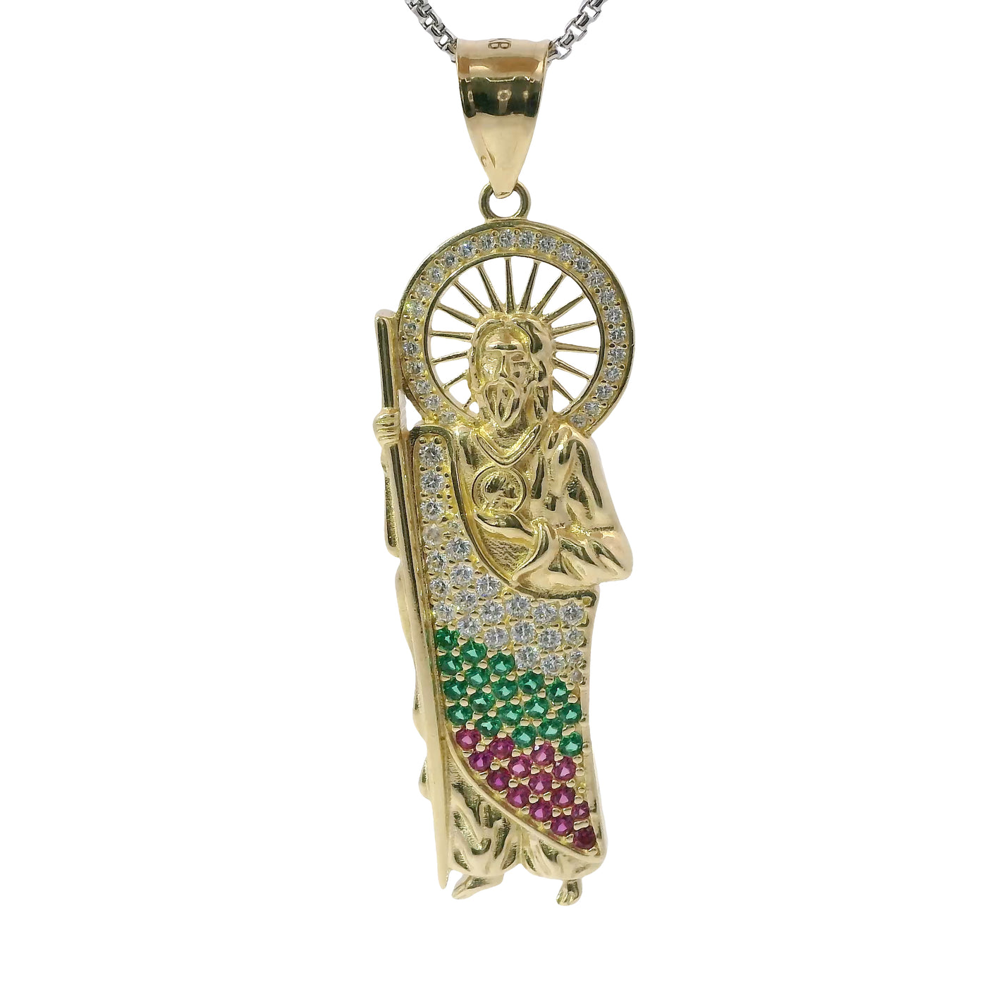 14KT Gold Charm Large St Jude with Red, Green, and White Round CZ Stones Robe with White CZ Stones Halo and Plain Bell