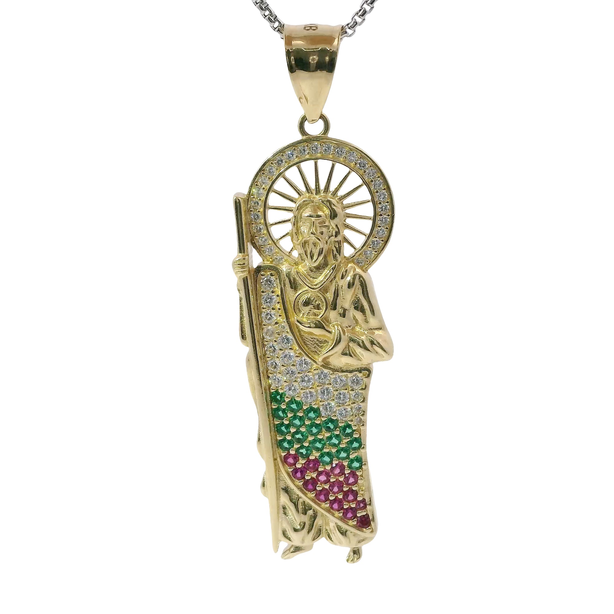 14KT Gold Charm Large St Jude with Red, Green, and White Round CZ Stones Robe with White CZ Stones Halo and Plain Bell