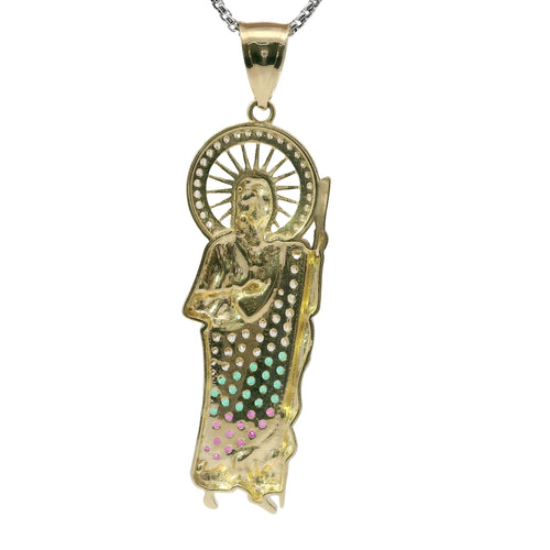 14KT Gold Charm Large St Jude with Red, Green, and White Round CZ Stones Robe with White CZ Stones Halo and Plain Bell