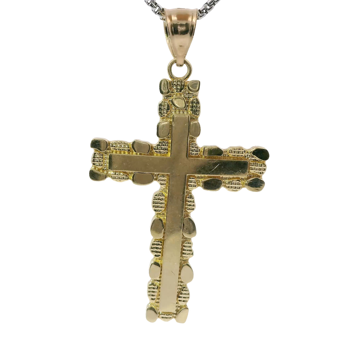 14KT Gold Charm Large Nugget Cross with Engravable Center and Plain Bell
