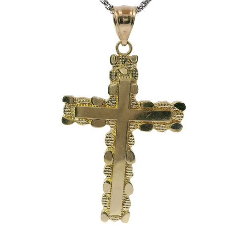14KT Gold Charm Large Nugget Cross with Engravable Center and Plain Bell