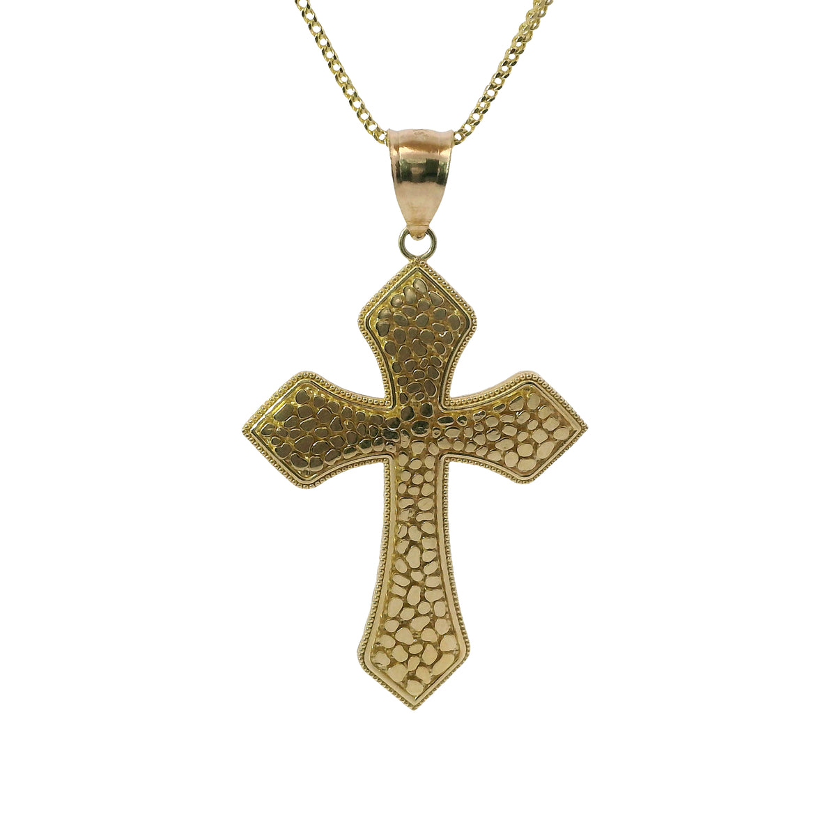 14KT Gold Charm Medium Nugget Gothic Cross with Plain Bell