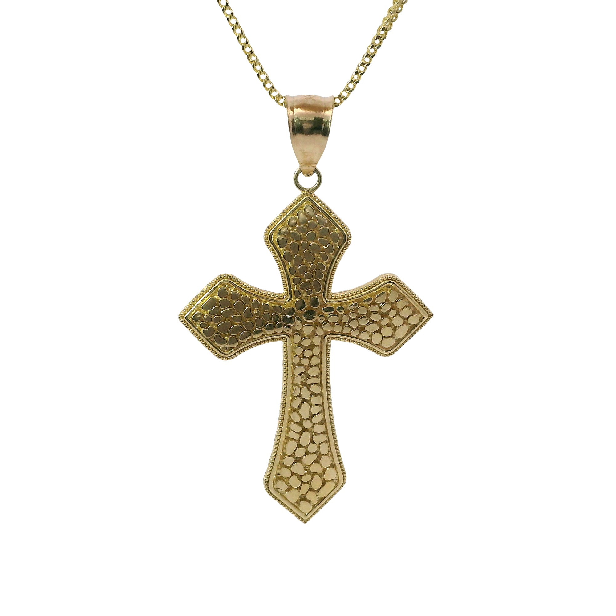 14KT Gold Charm Medium Nugget Gothic Cross with Plain Bell