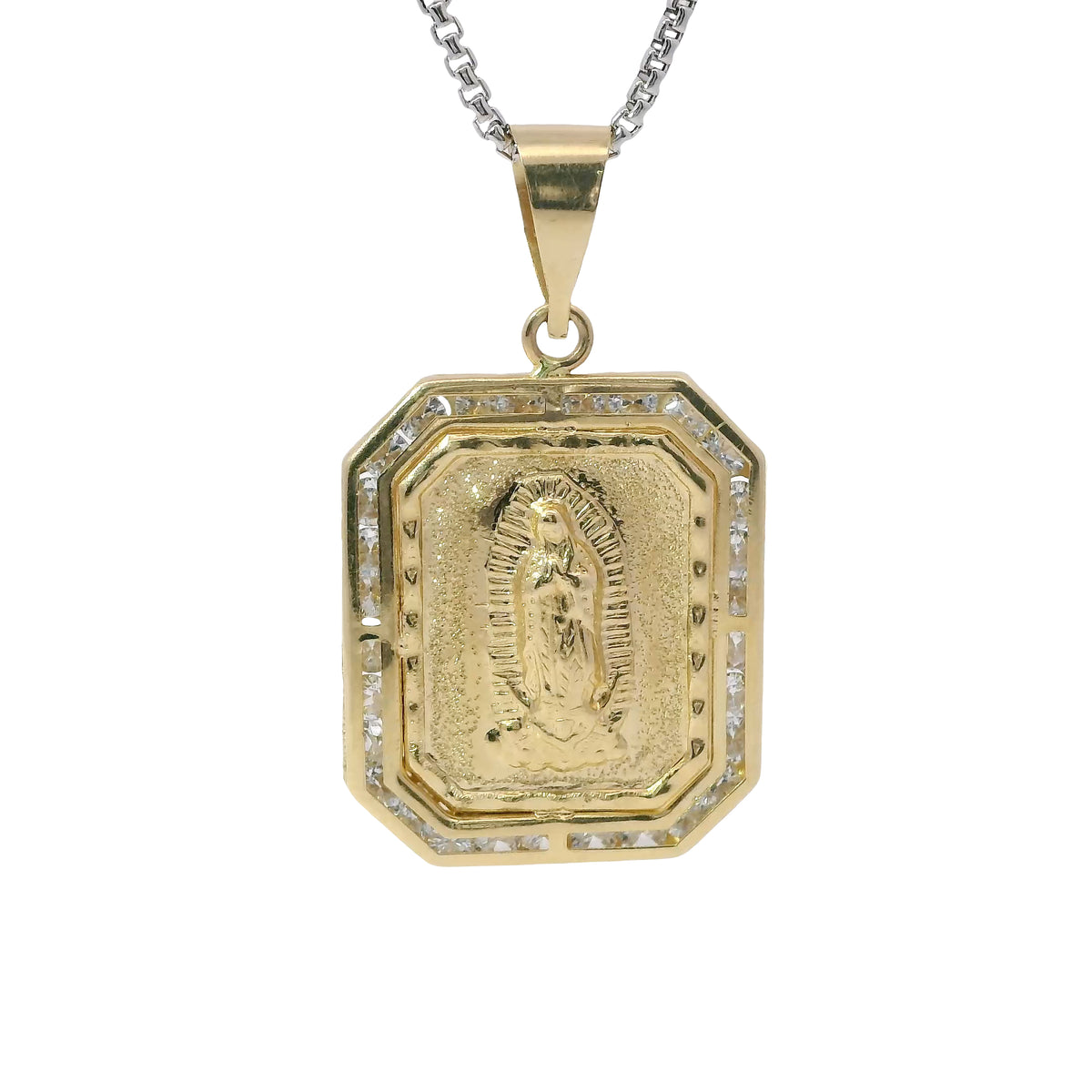 14KT Gold Charm Large Octagon Rectangle Virgin Mary Center with White CZ Stone Border and Plain Bell
