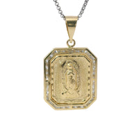 14KT Gold Charm Large Octagon Rectangle Virgin Mary Center with White CZ Stone Border and Plain Bell