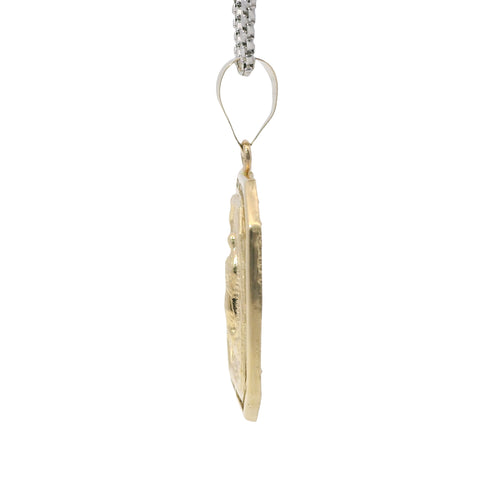 14KT Gold Charm Large Octagon Rectangle Virgin Mary Center with White CZ Stone Border and Plain Bell