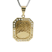 14KT Gold Charm Large Octagon Rectangle Virgin Mary Center with White CZ Stone Border and Plain Bell