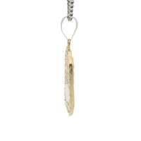 14KT Gold Charm Large Octagon Rectangle Virgin Mary Center with White CZ Stone Border and Plain Bell