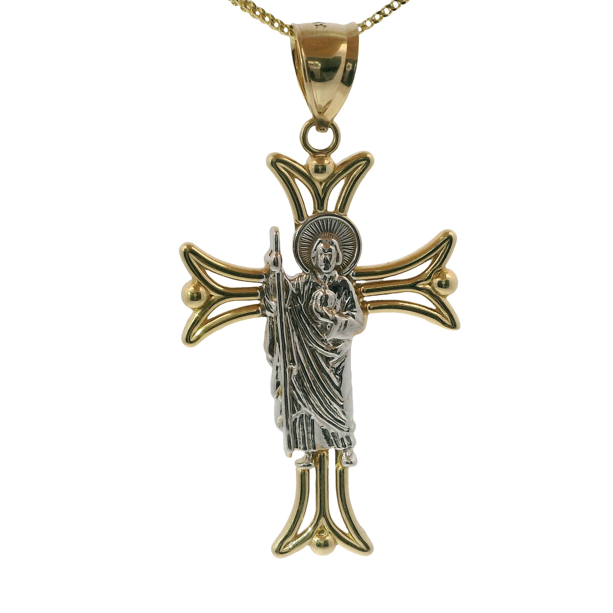 14KT Gold Charm Large Open Flare End Cross with Two Tone St Jude Center and Plain Bell
