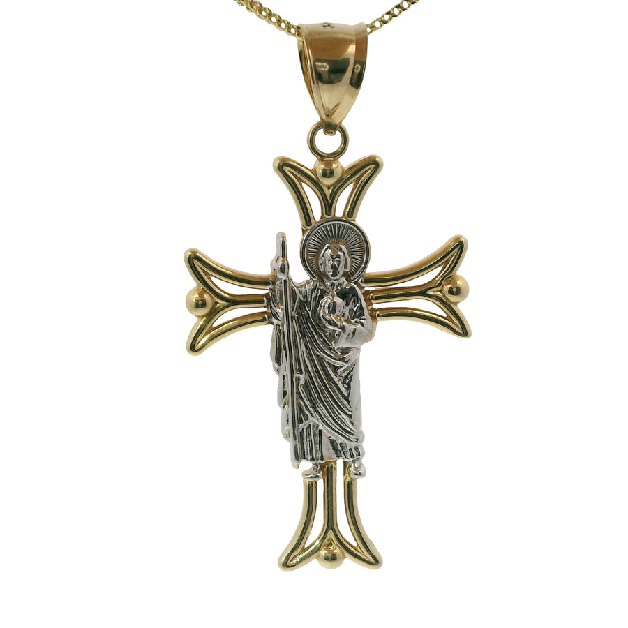 14KT Gold Charm Large Open Flare End Cross with Two Tone St Jude Center and Plain Bell