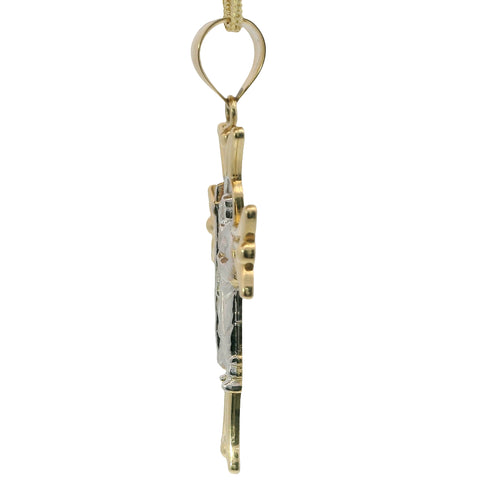 14KT Gold Charm Large Open Flare End Cross with Two Tone St Jude Center and Plain Bell
