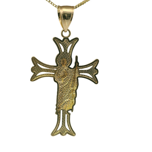 14KT Gold Charm Large Open Flare End Cross with Two Tone St Jude Center and Plain Bell