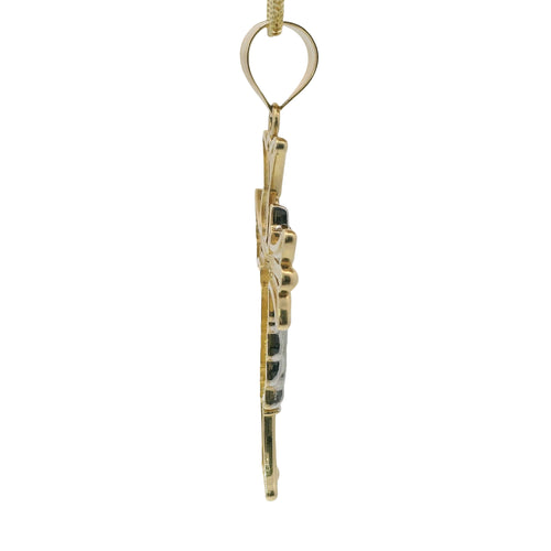 14KT Gold Charm Large Open Flare End Cross with Two Tone St Jude Center and Plain Bell