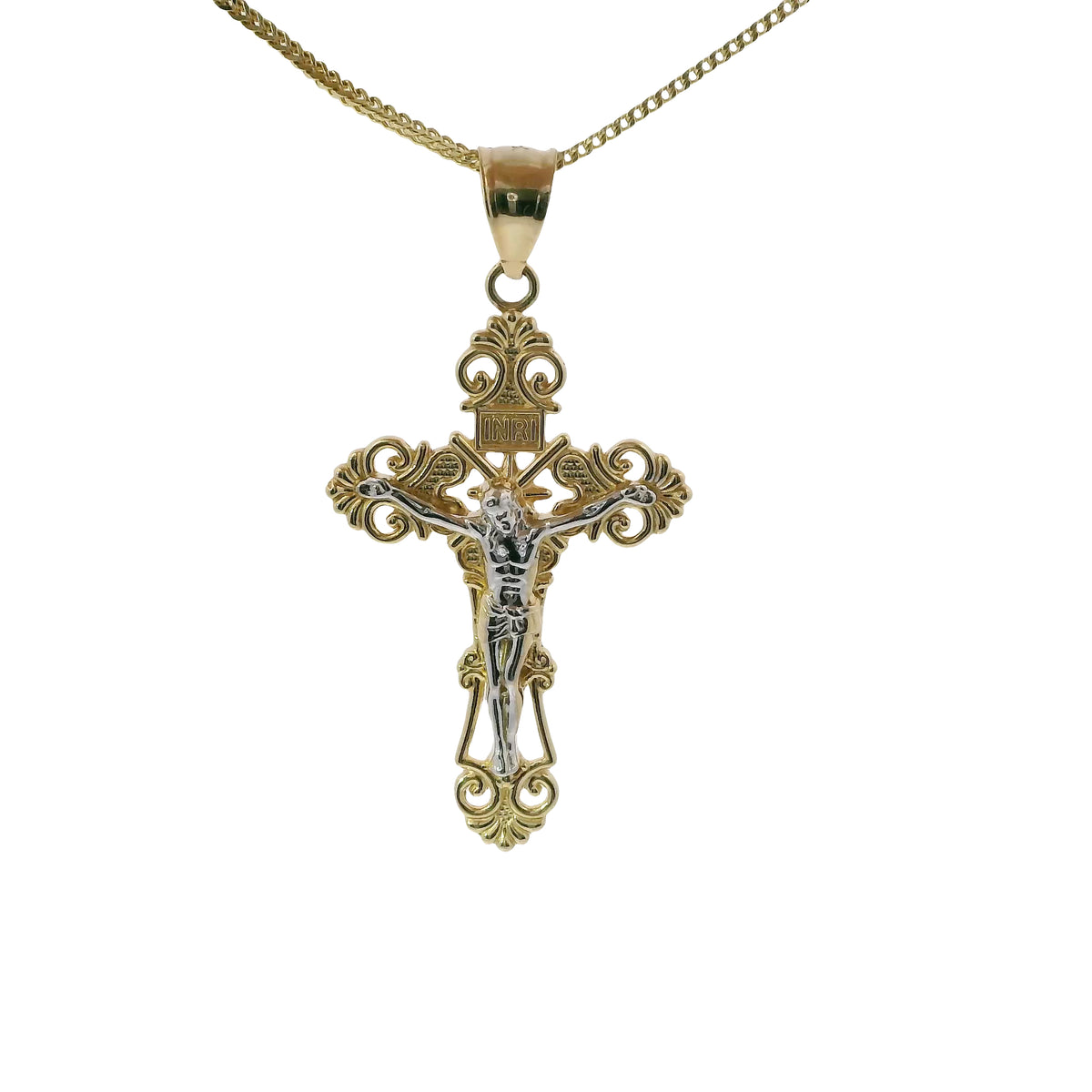 14KT Gold Charm Large Two Tone Ornate Crucifix Cross with Plain Bell