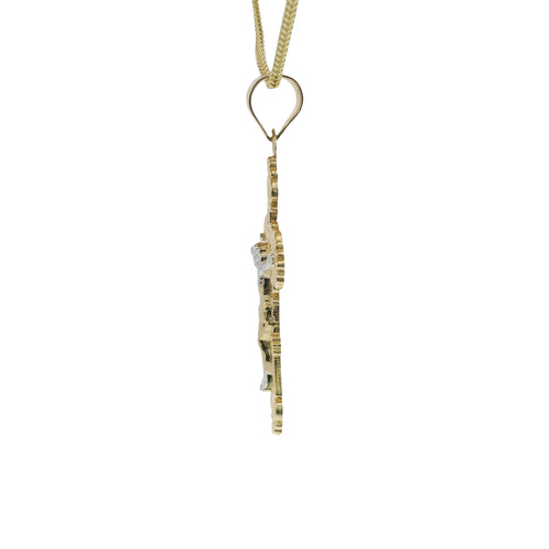 14KT Gold Charm Large Two Tone Ornate Crucifix Cross with Plain Bell