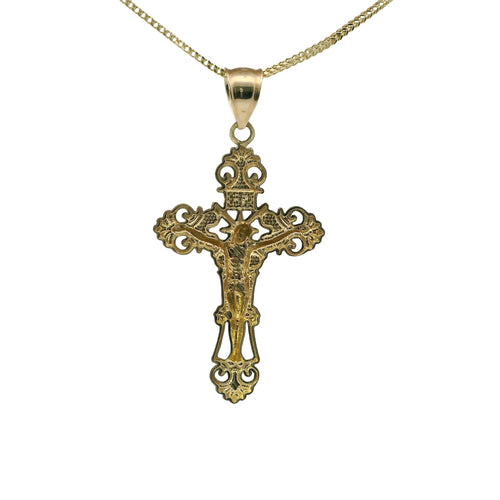 14KT Gold Charm Large Two Tone Ornate Crucifix Cross with Plain Bell