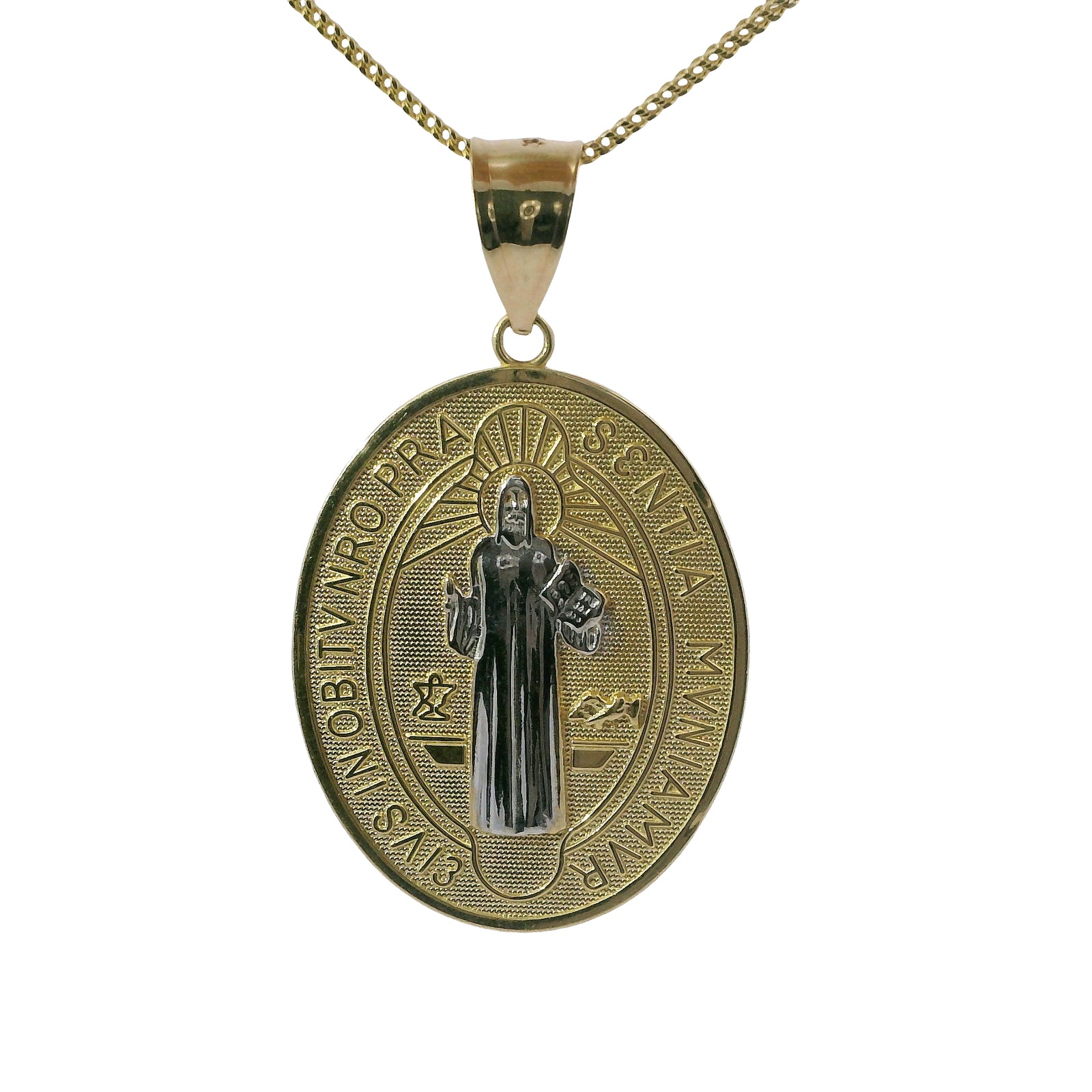 14KT Gold Charm Large Two Tone Oval St Benedict Coin with Plain Bell