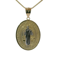 14KT Gold Charm Large Two Tone Oval St Benedict Coin with Plain Bell