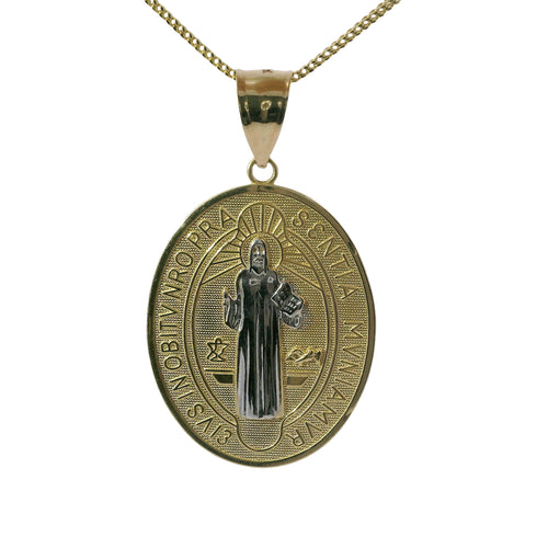 14KT Gold Charm Large Two Tone Oval St Benedict Coin with Plain Bell