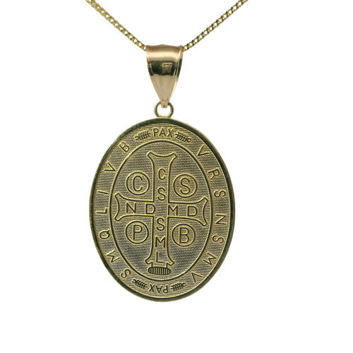 14KT Gold Charm Large Two Tone Oval St Benedict Coin with Plain Bell