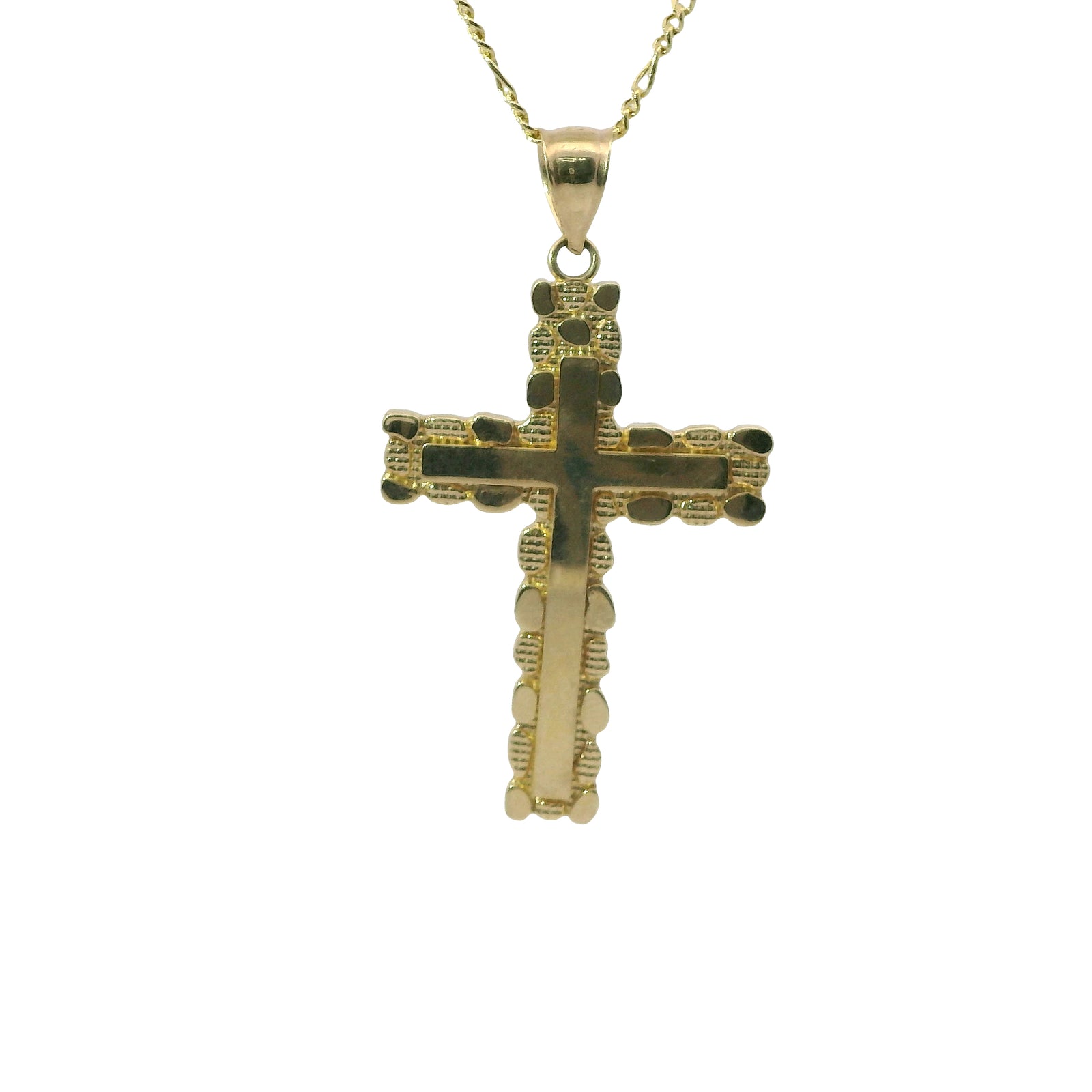 14KT Gold Charm Medium Nugget Cross with Engravable Center and Plain Bell