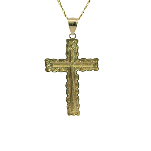 14KT Gold Charm Medium Nugget Cross with Engravable Center and Plain Bell