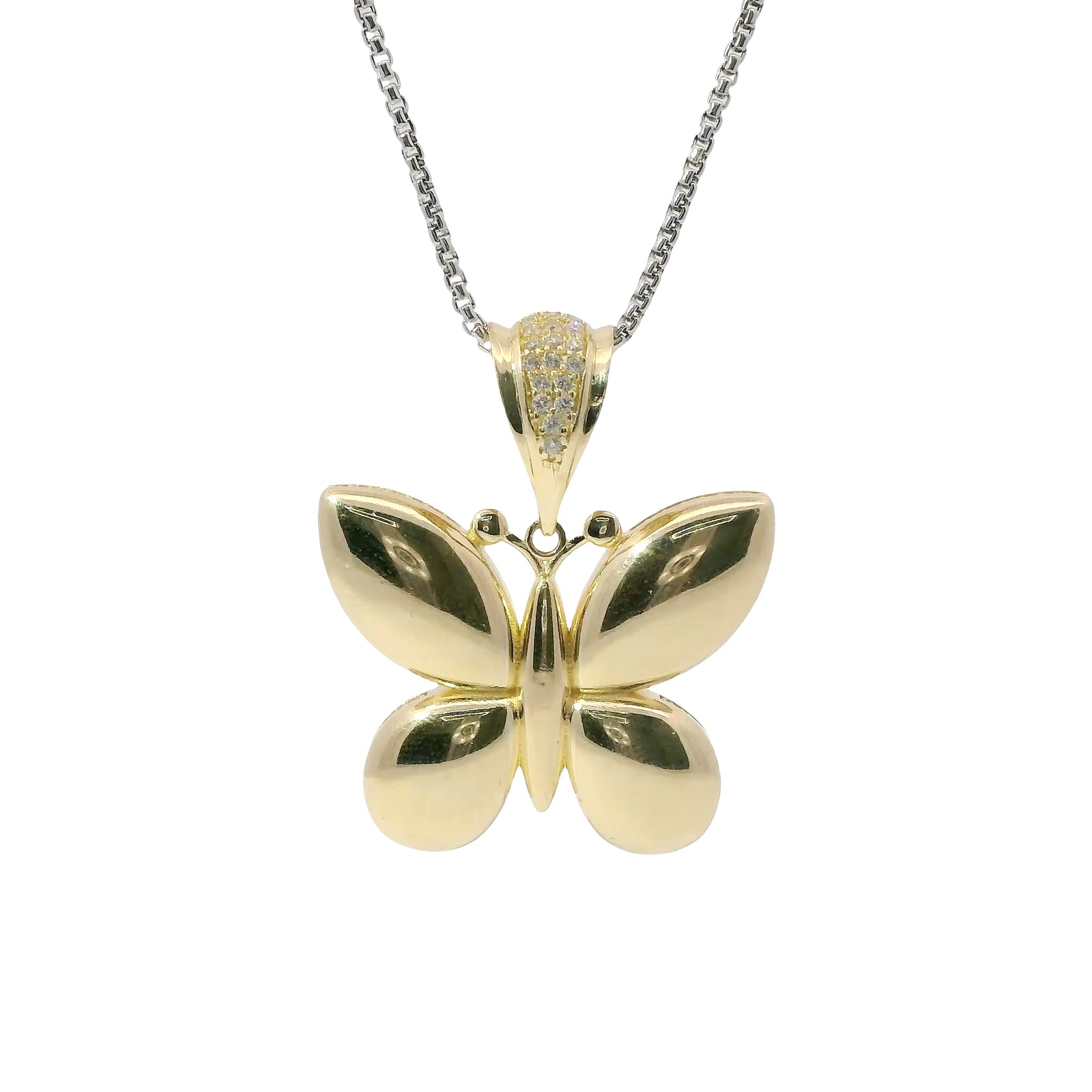 14KT Gold Charm Large 3D Puff Butterfly with Flat Back White CZ Stones Edge and Bell
