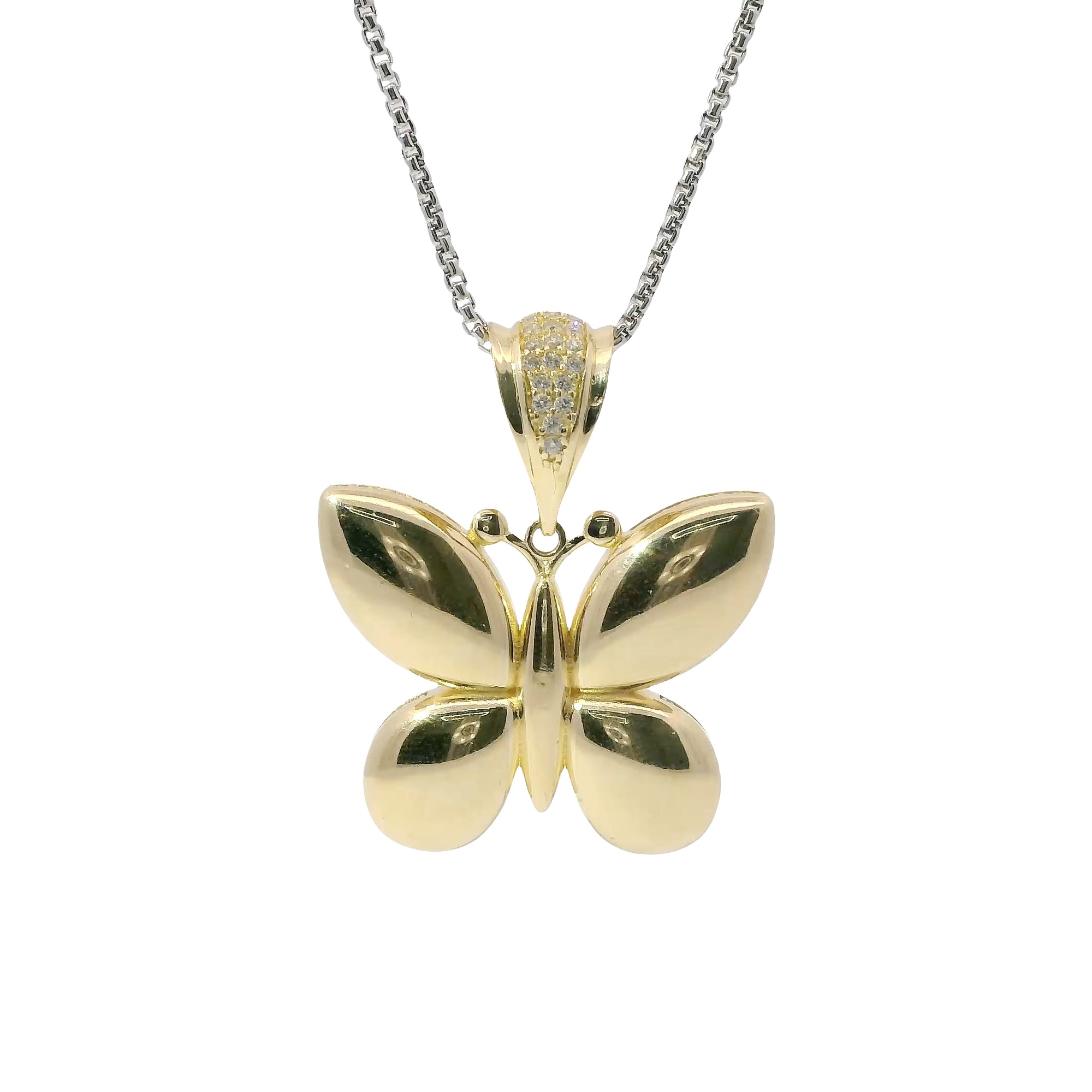 14KT Gold Charm Large 3D Puff Butterfly with Flat Back White CZ Stones Edge and Bell