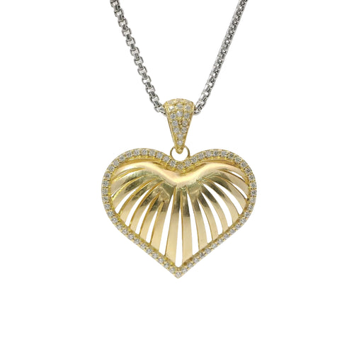 14KT Gold Charm Large 3D Stripe Cutout Heart with Flat Back White CZ Stones Border and Bell