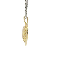 14KT Gold Charm Large 3D Stripe Cutout Heart with Flat Back White CZ Stones Border and Bell