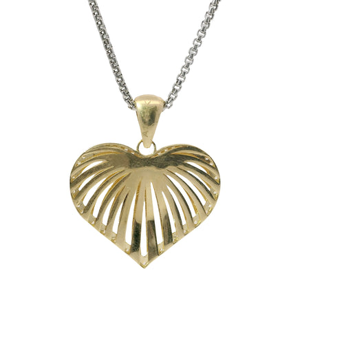 14KT Gold Charm Large 3D Stripe Cutout Heart with Flat Back White CZ Stones Border and Bell